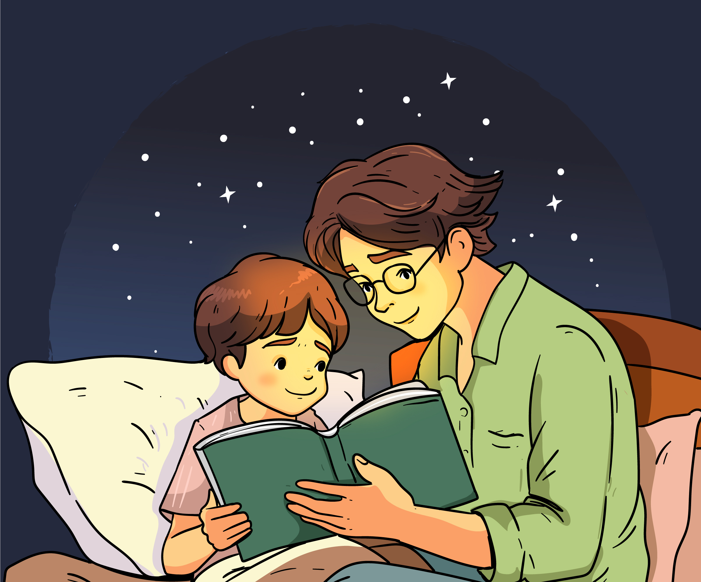 “Niño de seis años leyendo un cuento ilustrado con su padre”